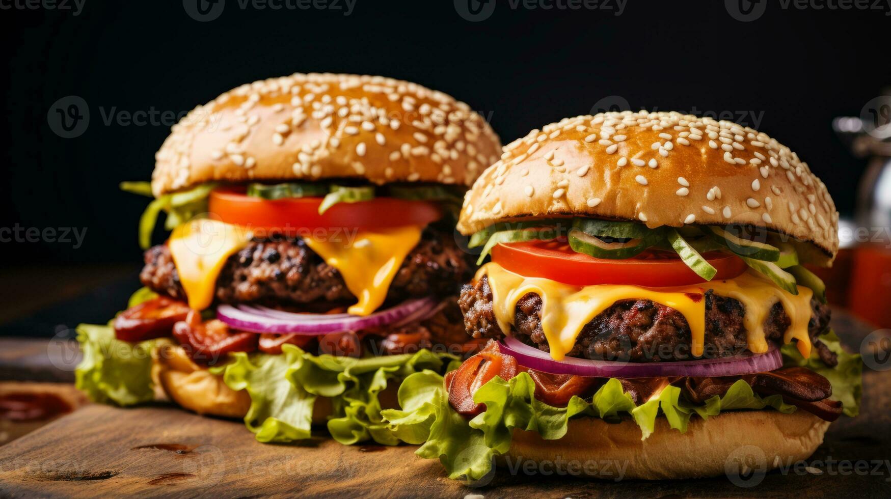BBQ burgers with cheese and toppings, ready to eat. Generative AI photo