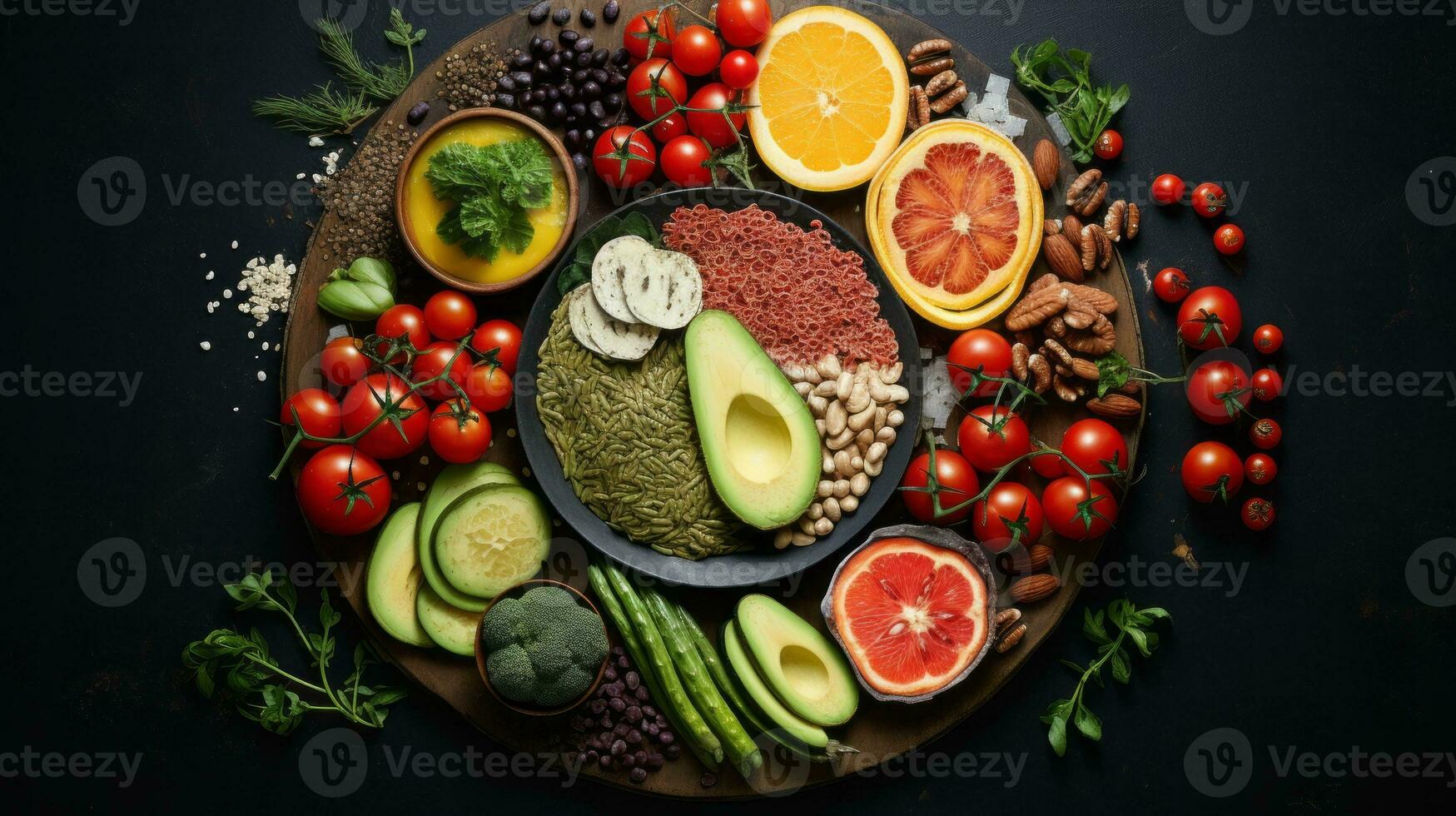 Balanced food composition recipe for well-being. Generative AI photo