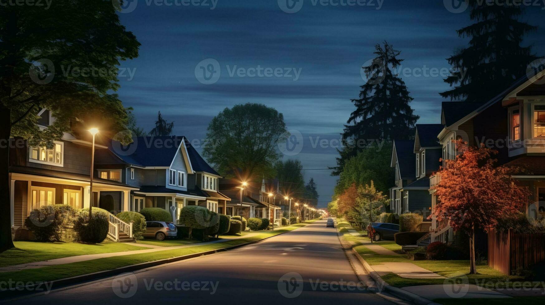 Street lined with houses and trees at night. Generative AI photo