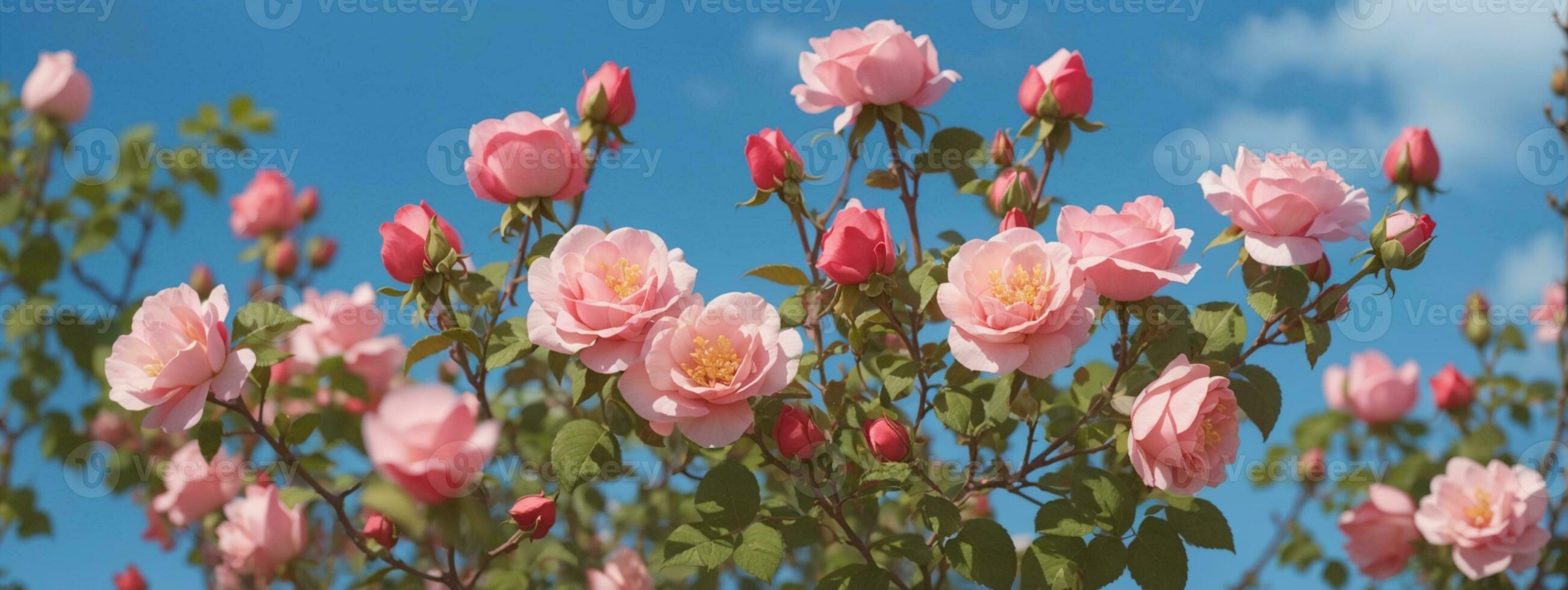 Beautiful spring border, blooming rose bush on a blue background. Flowering rose hips against the blue sky. Soft selective focus. AI generated photo