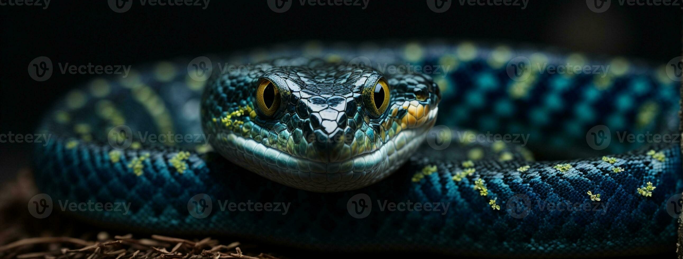 Blue viper snake closeup face. AI generated photo