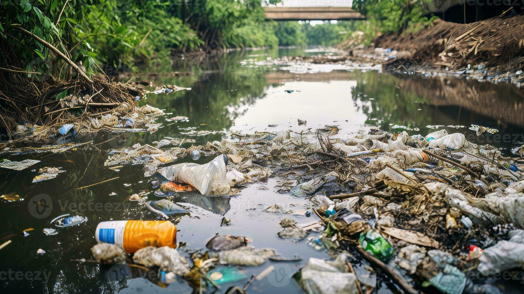 Polluted river with trash and debris floating on the surface. Generative AI photo