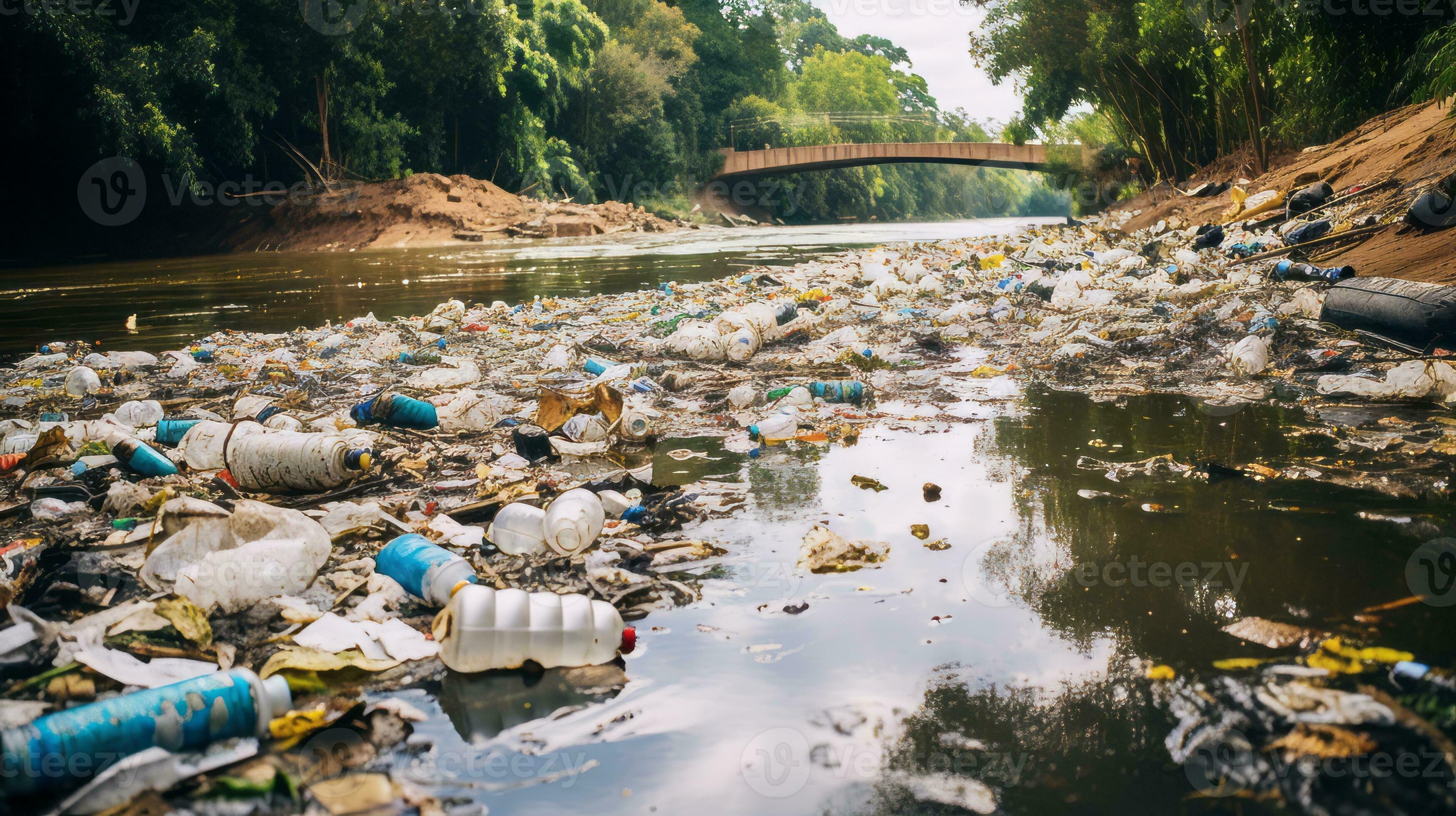 Polluted river with trash and debris floating on the surface Polluted river with trash and debris floating on the surface