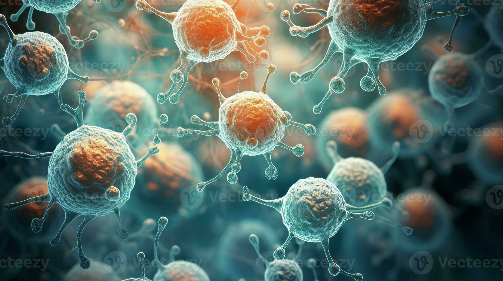 Microscope view of mutated human cells. Generative AI photo