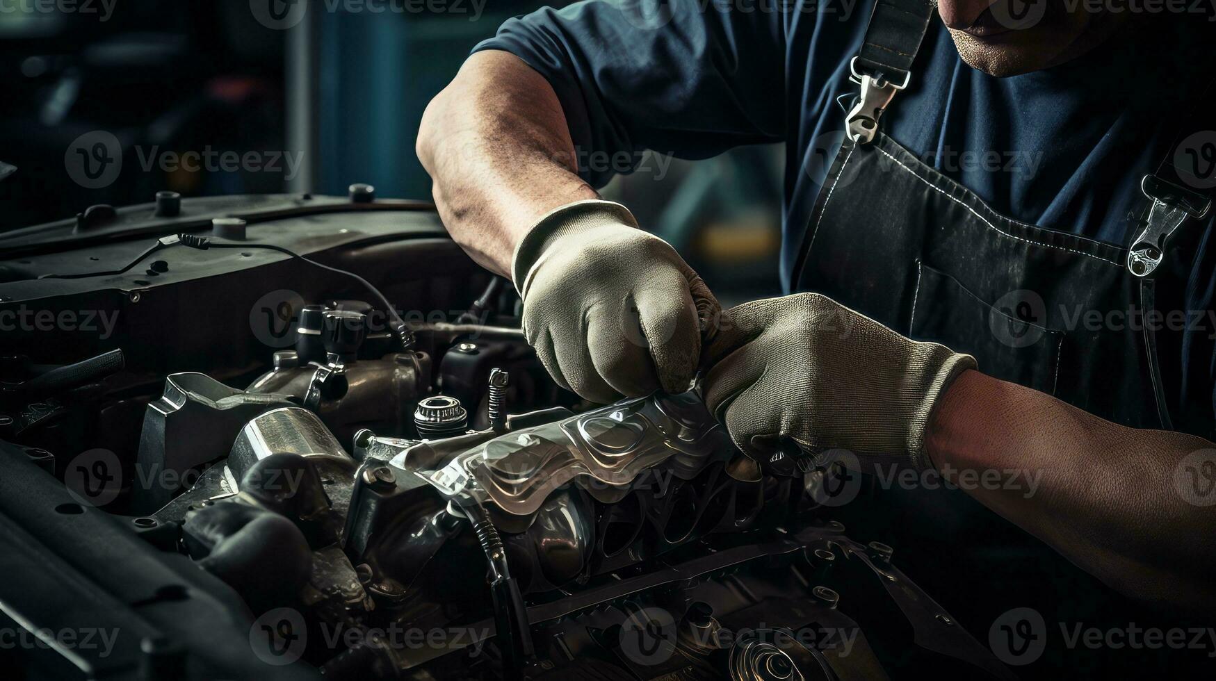 Mechanic fixing car engine. Generative AI photo