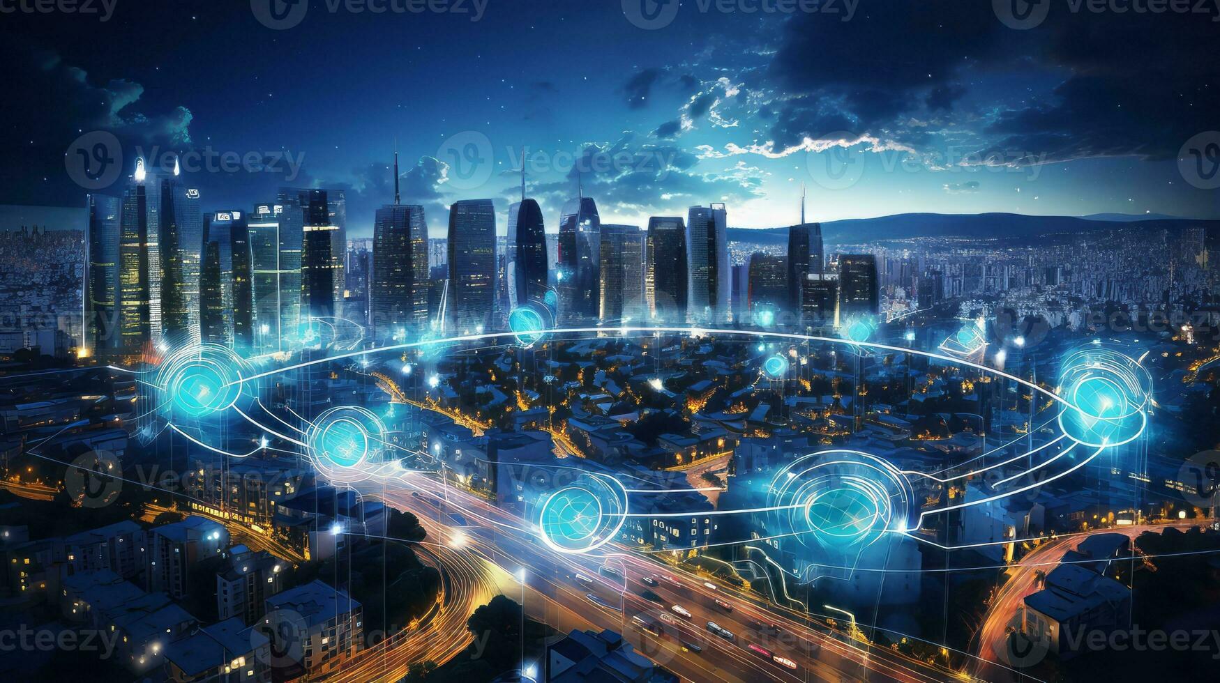 Futuristic Cityscape with IoT Infrastructure. Generative AI photo