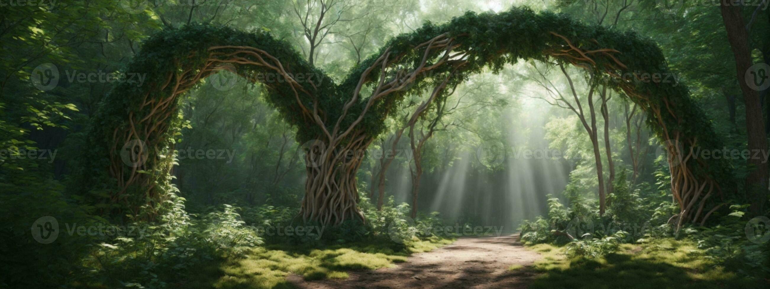 Natural archway shaped by branches in the forest. AI generated photo