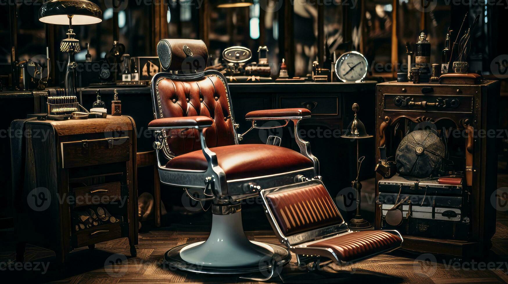 Barber's chair and vintage tools. Generative AI photo