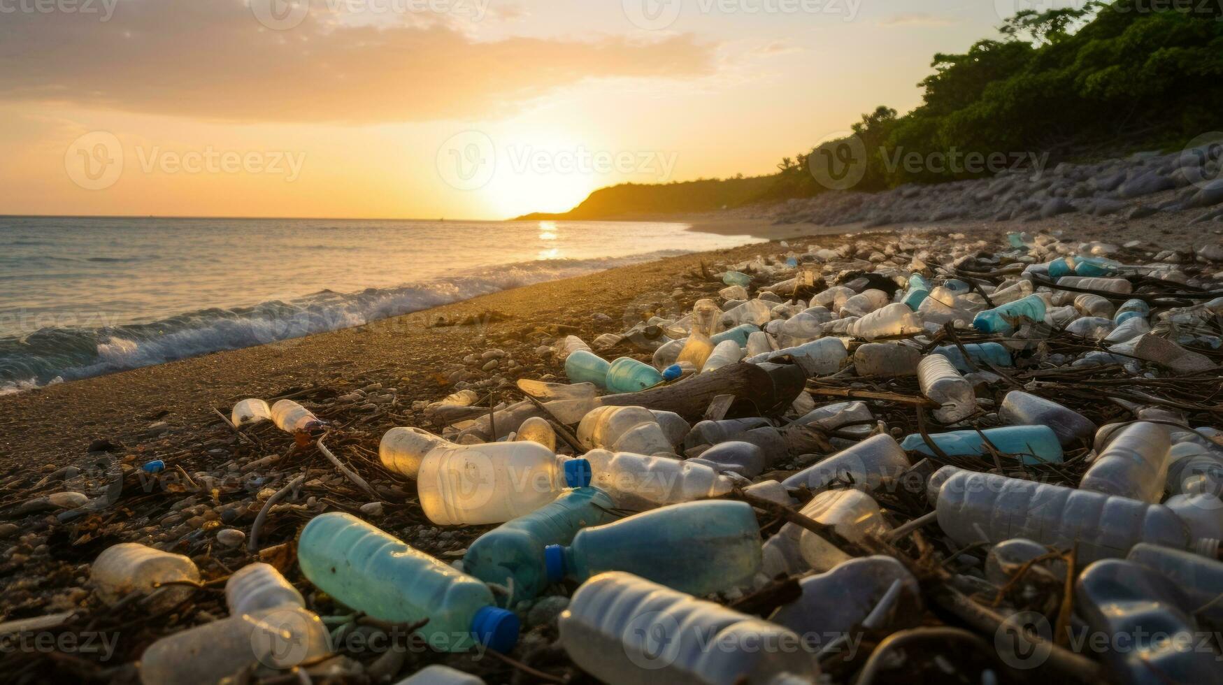 Beach with plastic, causing visual pollution. Generative AI photo