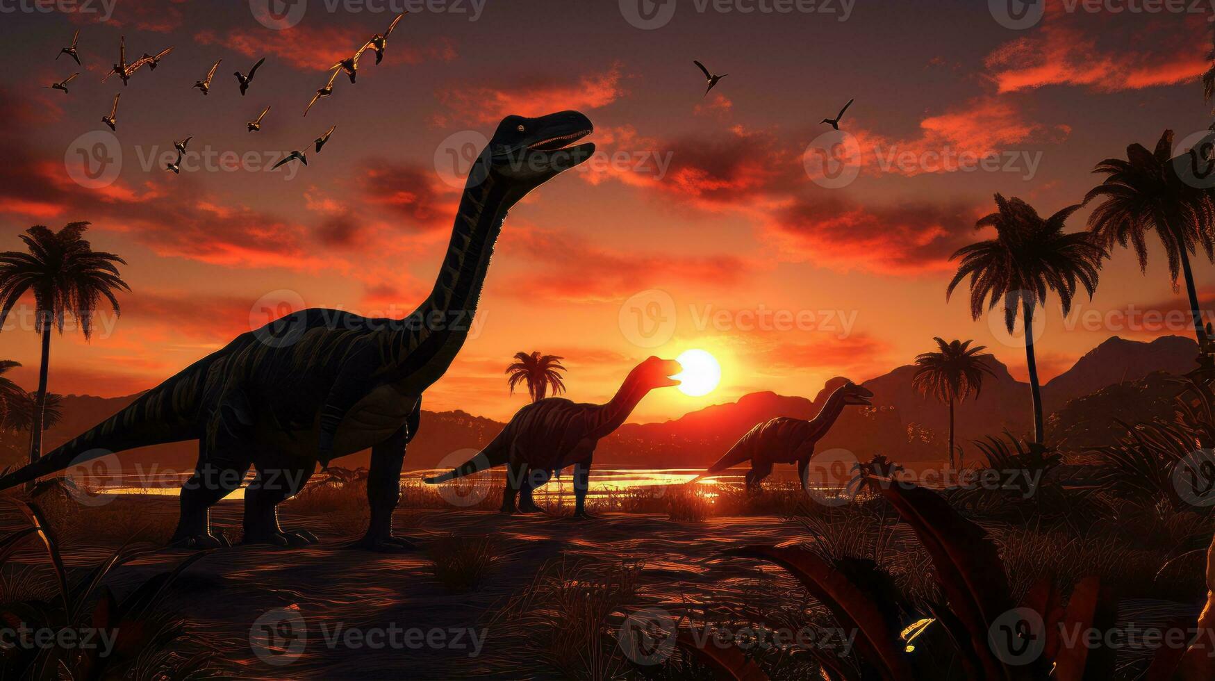 Sunset over landscape with dinosaurs. Generative AI photo