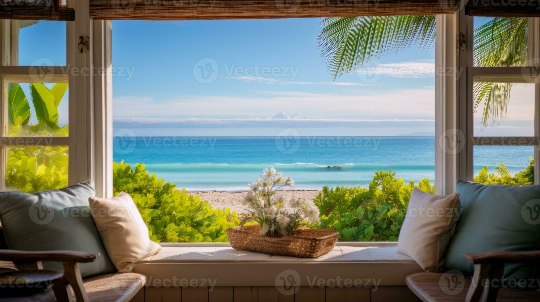 Window with a view of the ocean. Generative AI photo