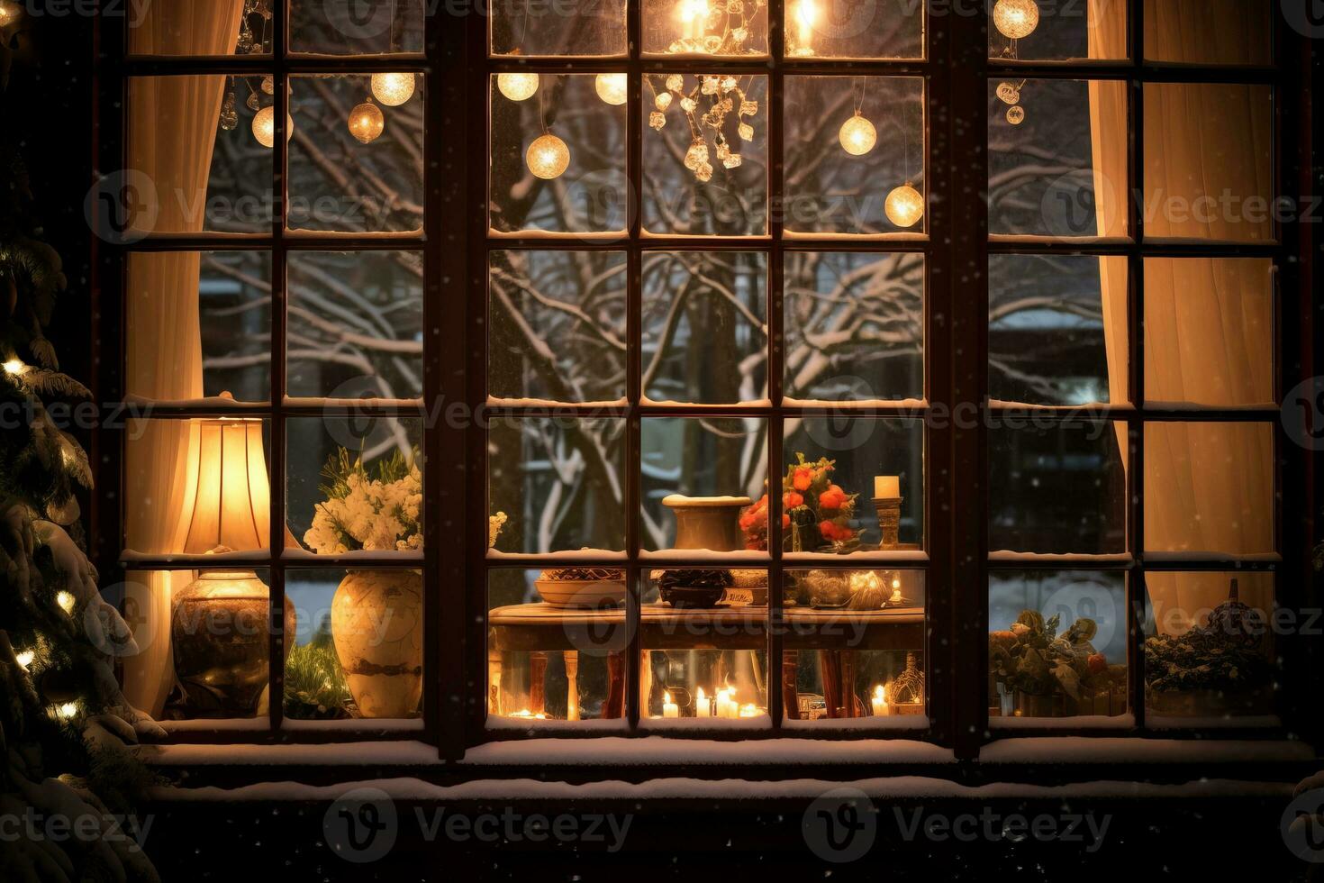A snow kissed window, glimpses of holiday. Generative AI photo