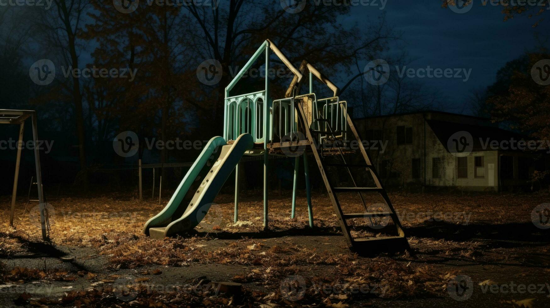 Playground with a slide and a house in the background. Generative AI photo