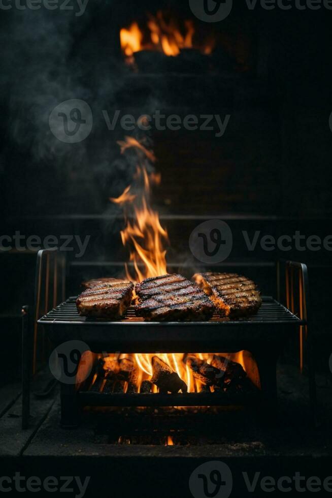 parrilla antecedentes - vacío despedido parilla en negro. ai generado foto