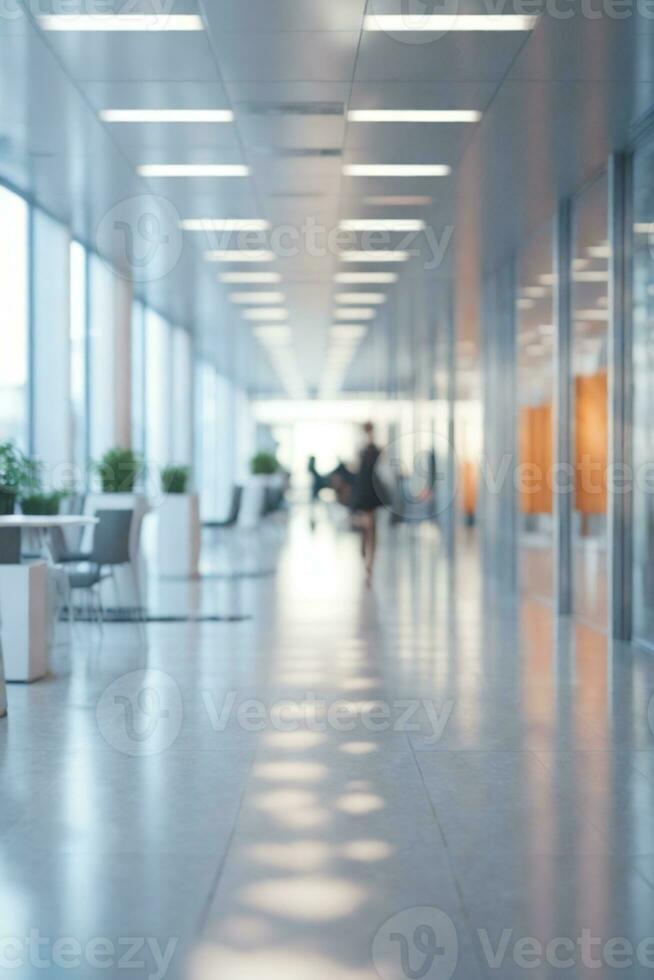 Abstract blurred interior modern office space with business people working banner background with copy space.. AI generated photo