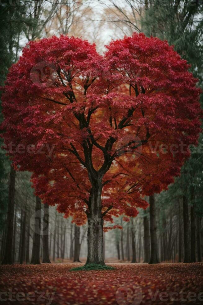 Red heart shaped tree. AI generated photo