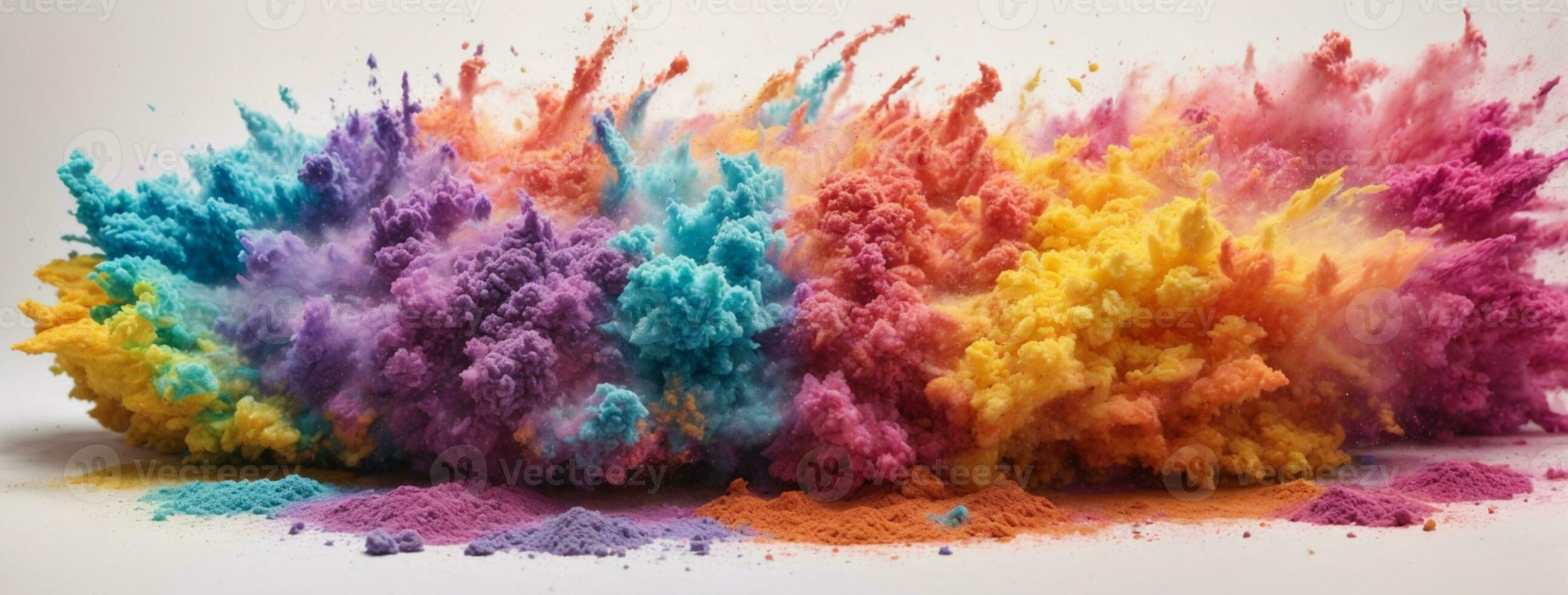 colorful rainbow holi paint color powder explosion isolated white wide panorama background. AI generated photo