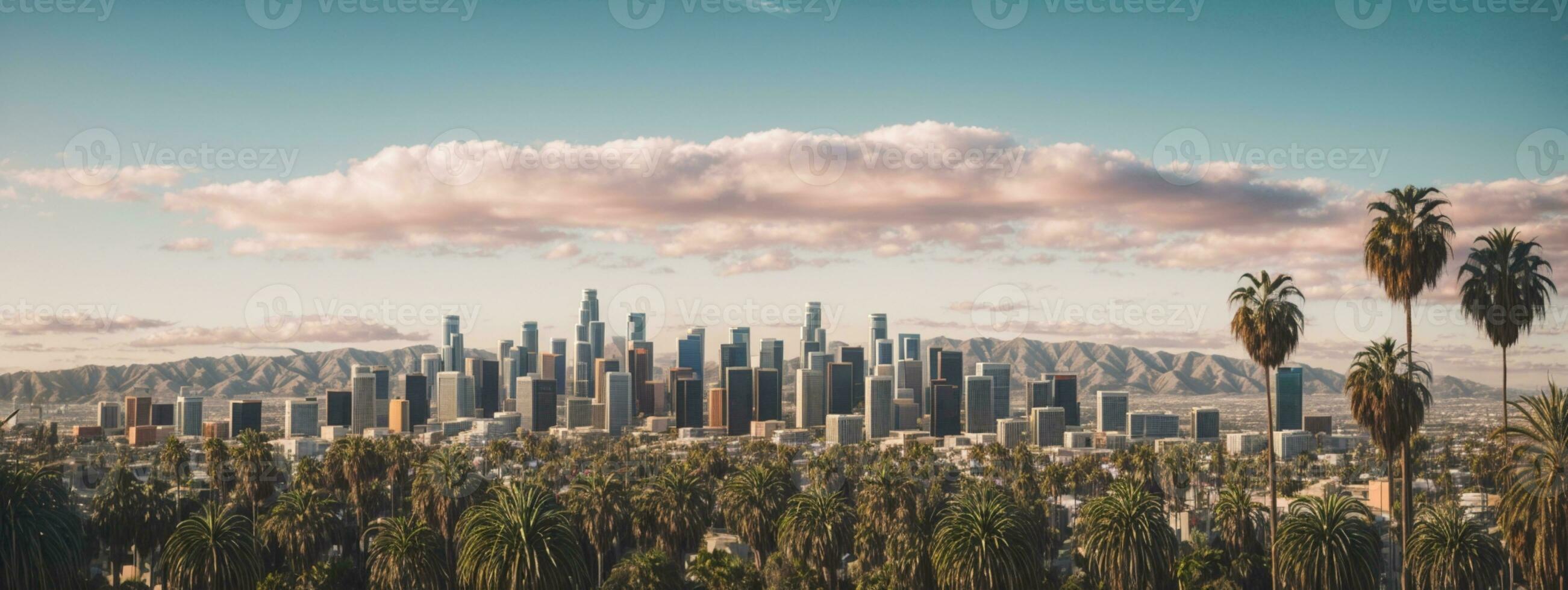 Los Angeles skyline with palm trees in the foreground. AI generated photo