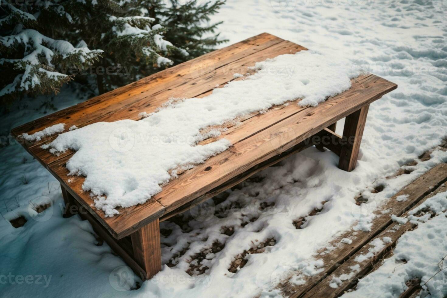 Old wood texture with snow and firtree. AI generated photo