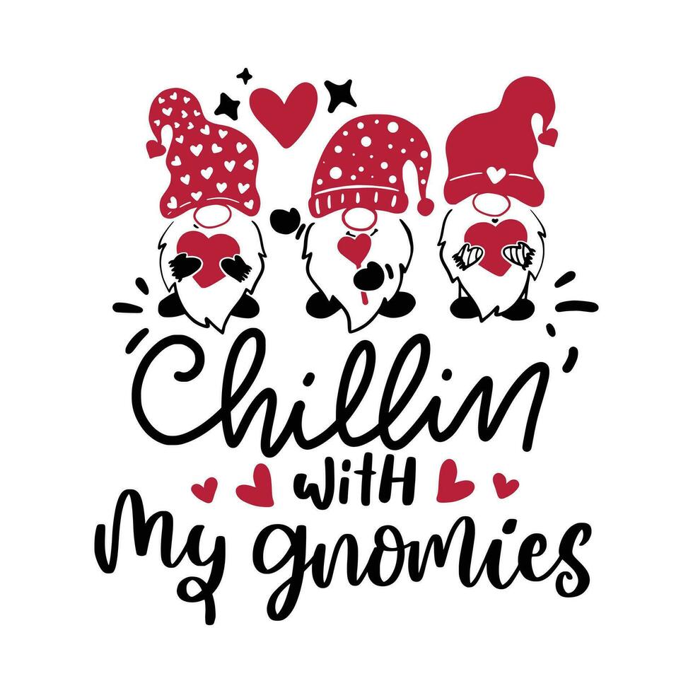 Cute Love Gnomes Cartoon Characters With Text Happy Valentine's Day. Vector Hand Drawn Illustration Isolated On Transparent Background