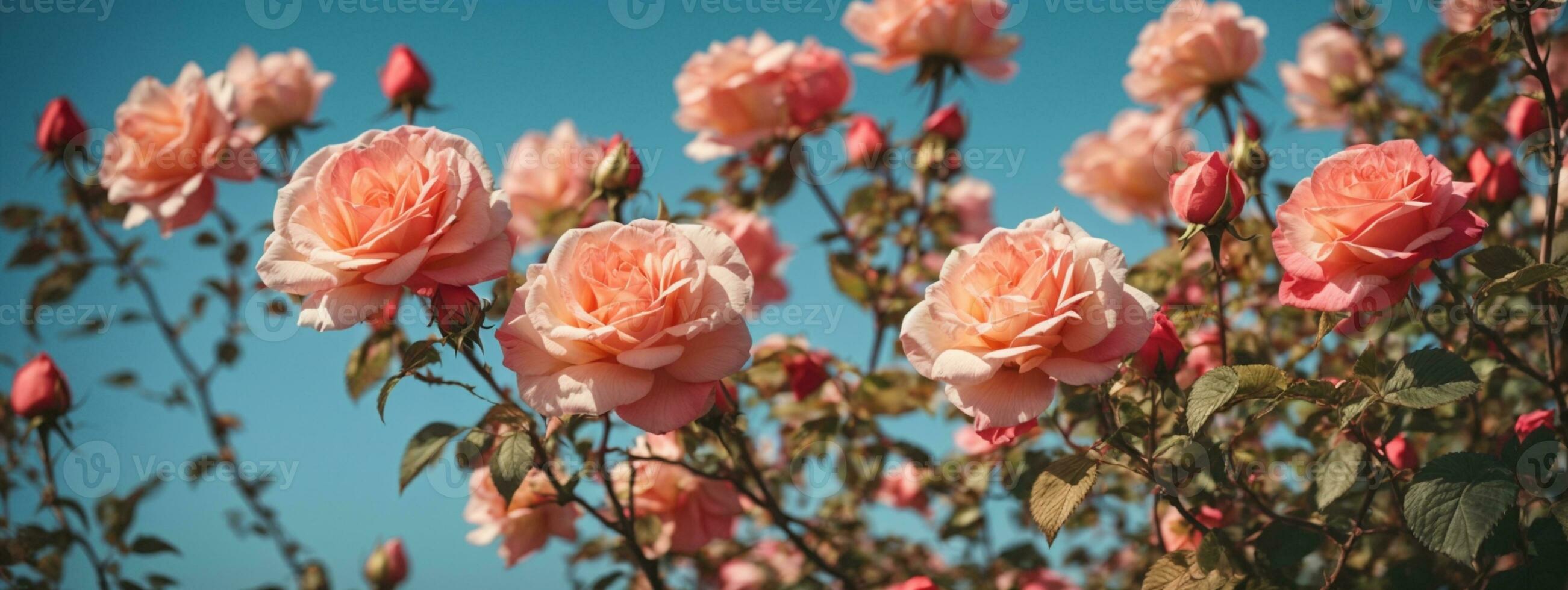 Beautiful spring border, blooming rose bush on a blue background. Flowering rose hips against the blue sky. Soft selective focus. AI generated photo