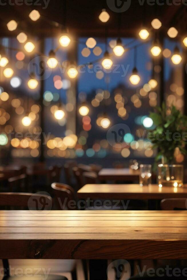 Empty wooden table top with lights bokeh on blur restaurant background.. AI generated photo