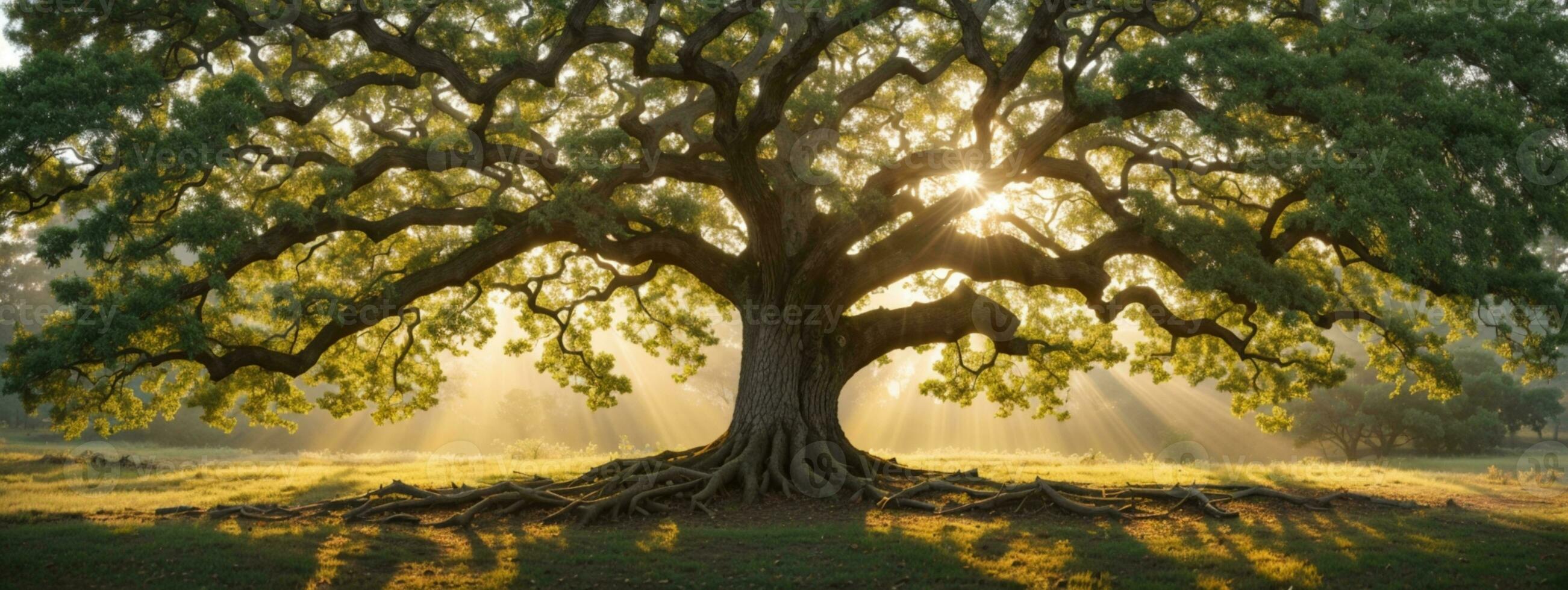 old oak tree foliage in morning light with sunlight. AI generated photo