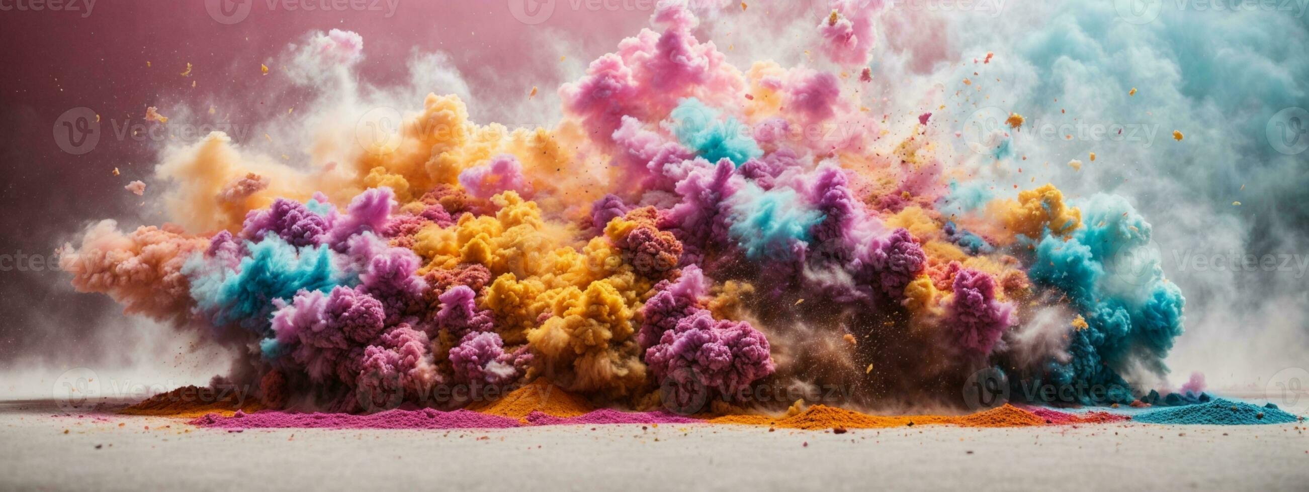 Abstract powder splatted background. Colorful powder explosion on white background. Colored cloud. Colorful dust explode. Paint Holi. AI generated photo