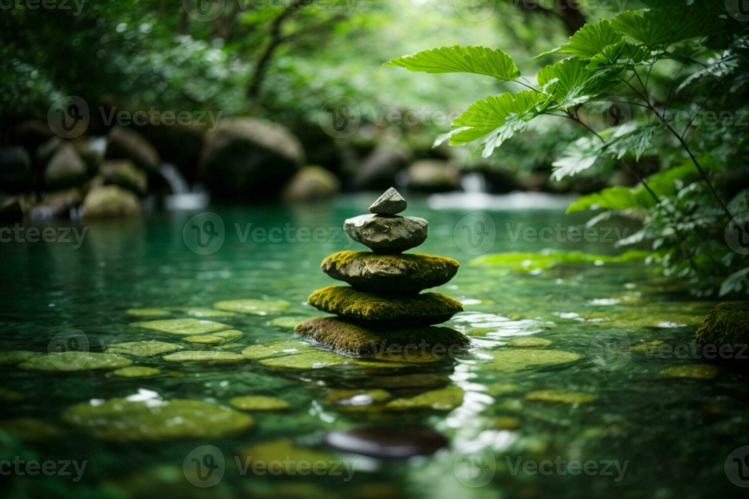 Zen stones pyramid on water surface, greenery. AI generated photo