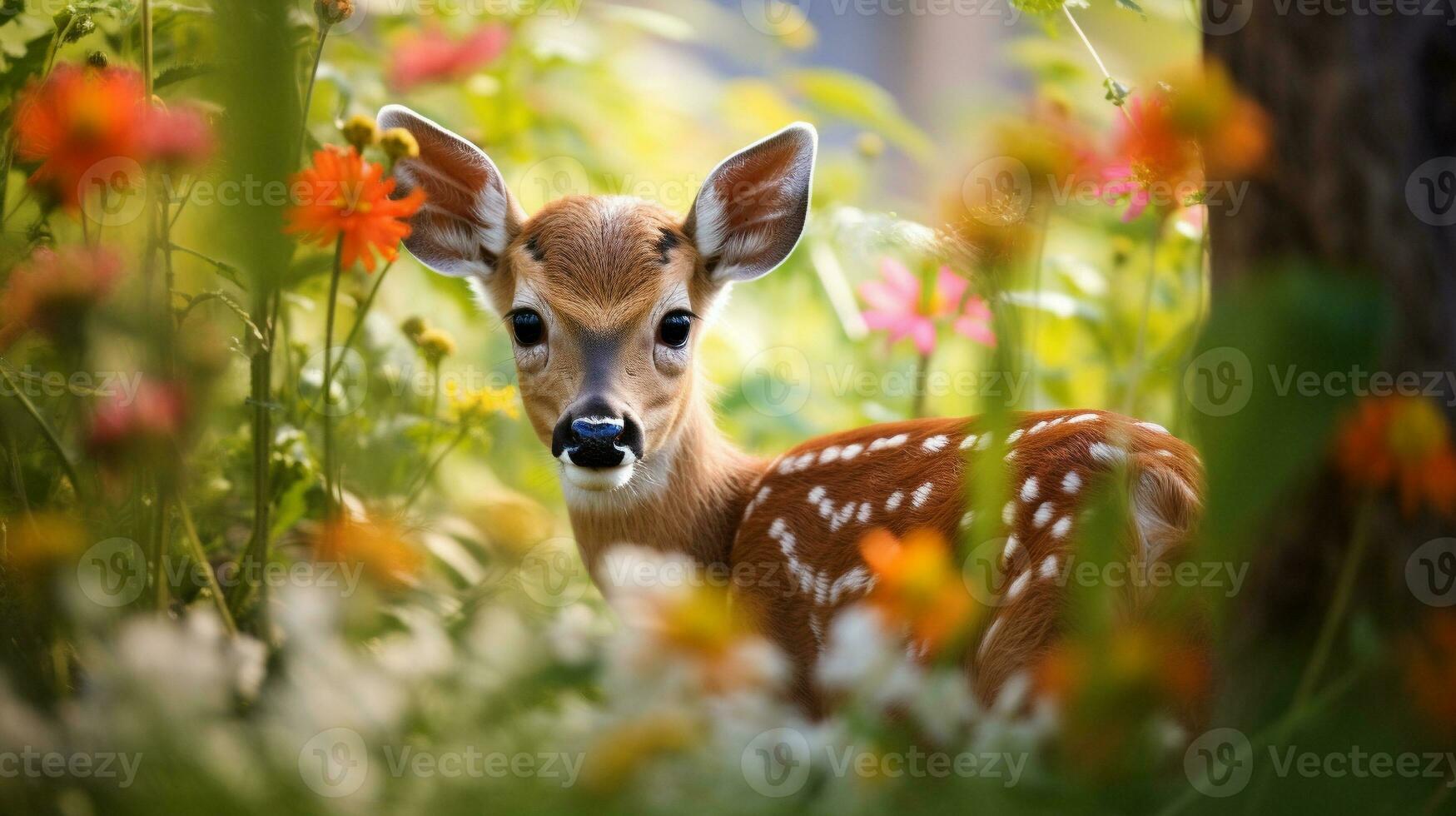 Enchanted Encounter Fawn Among Blossoms, AI Generative photo