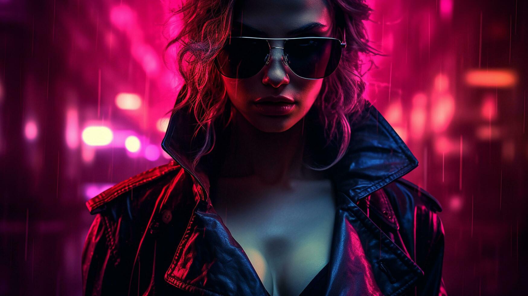 Enigmatic Elegance Neon Noir Femme Fatale, AI Generative photo