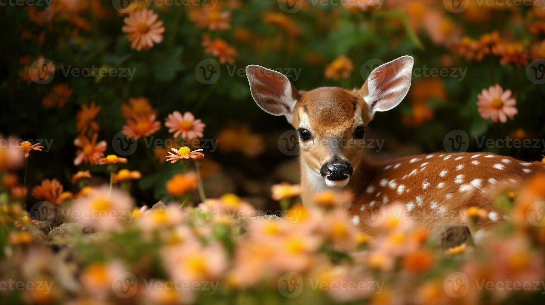 Enchanted Encounter Fawn Among Blossoms, AI Generative photo