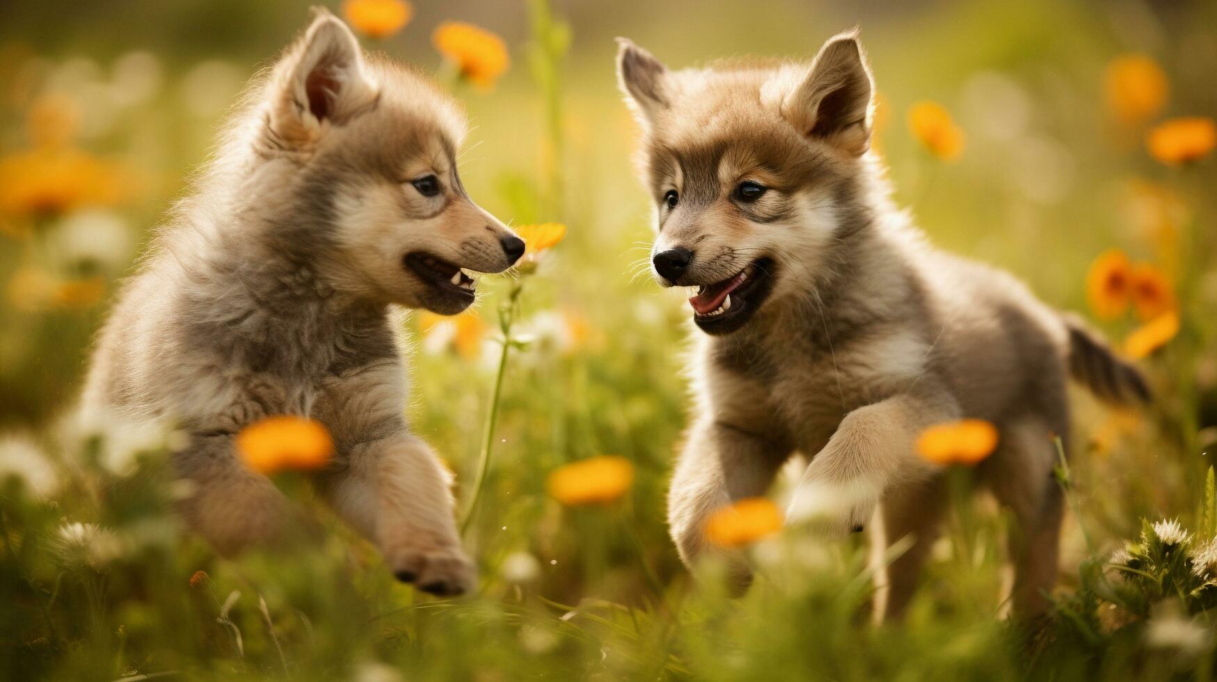 Whimsical Wolf Pup Playtime, AI Generative photo