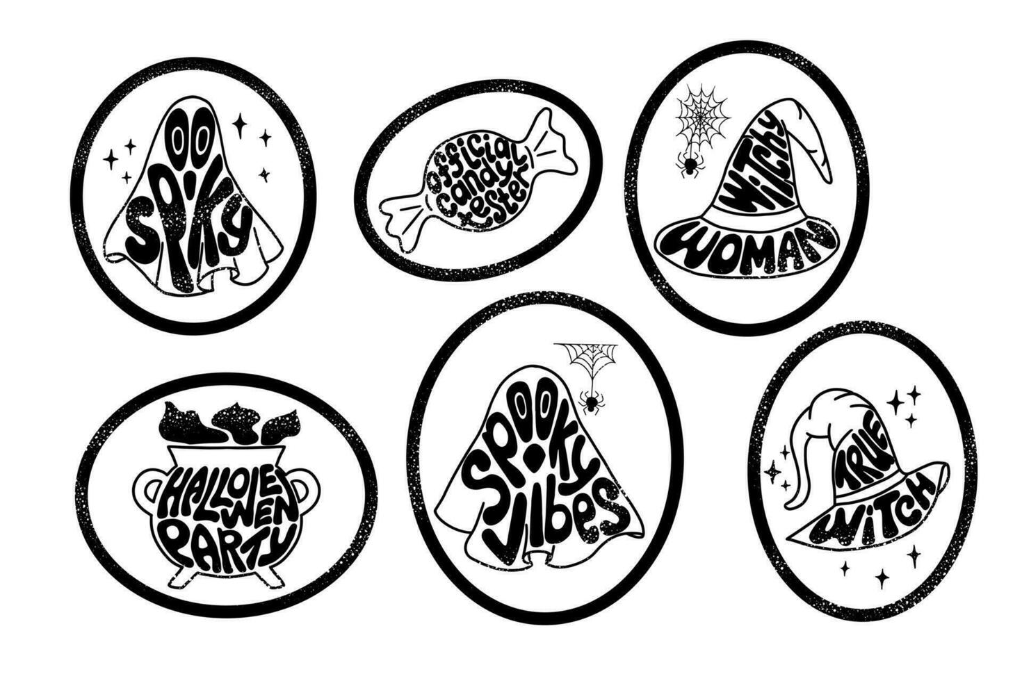 Set of halloween grunge groovy oval stamps. Typographic flat isolated stickers or printouts with paint splashes. Creepy and spooky slogans. Ideal for t shirt print, decoration vector