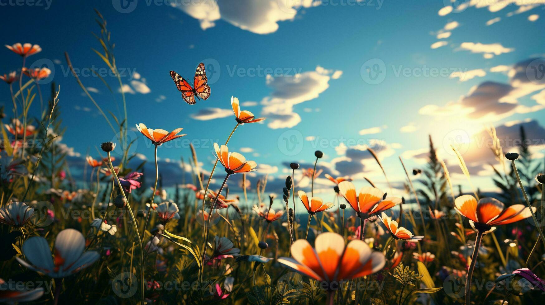 Capturing Nature's Beauty Meadow with Colorful Butterflies, AI Generative photo