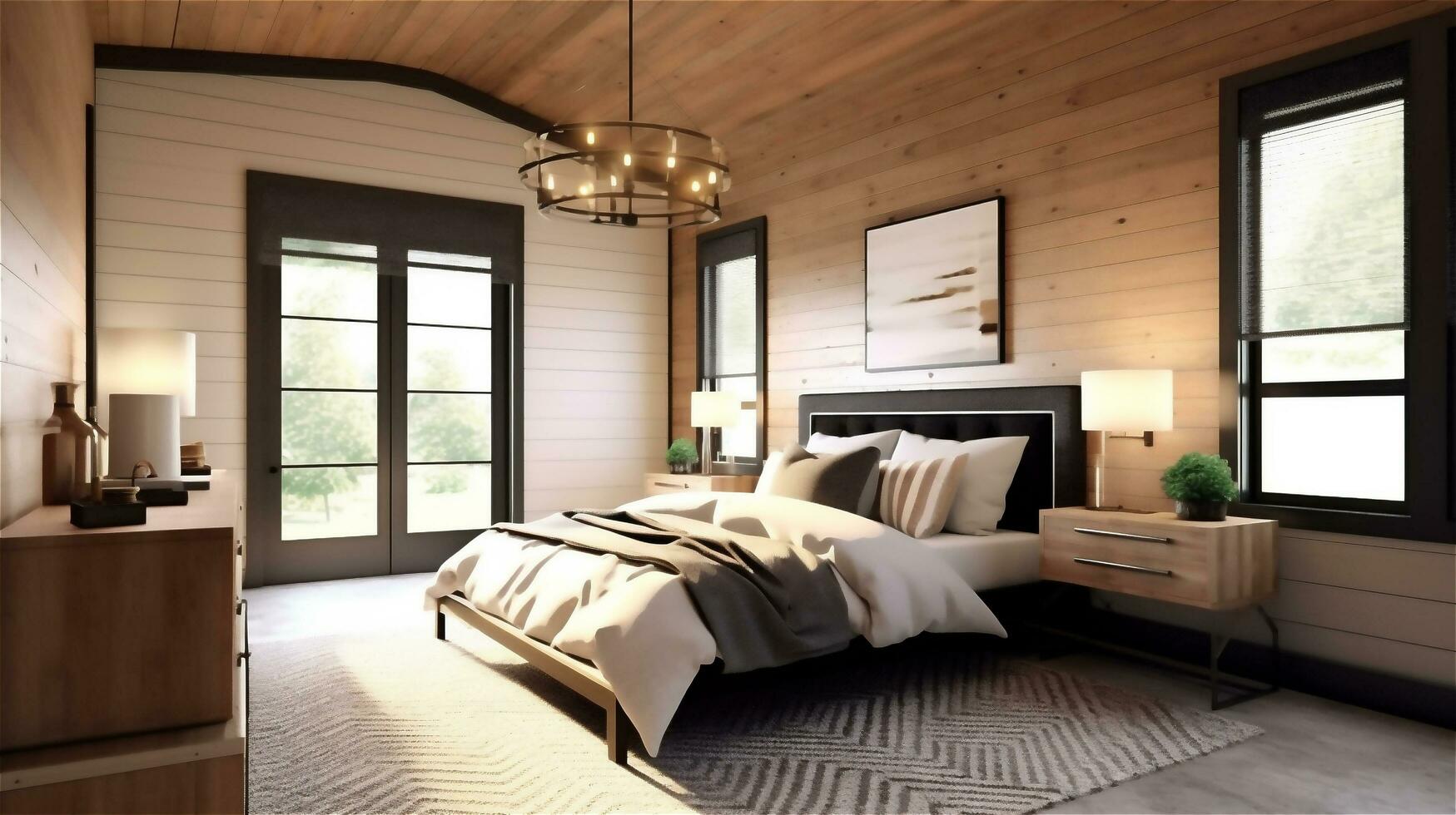 Generative AI, Rustic Modern Farmhouse Bedroom Design photo