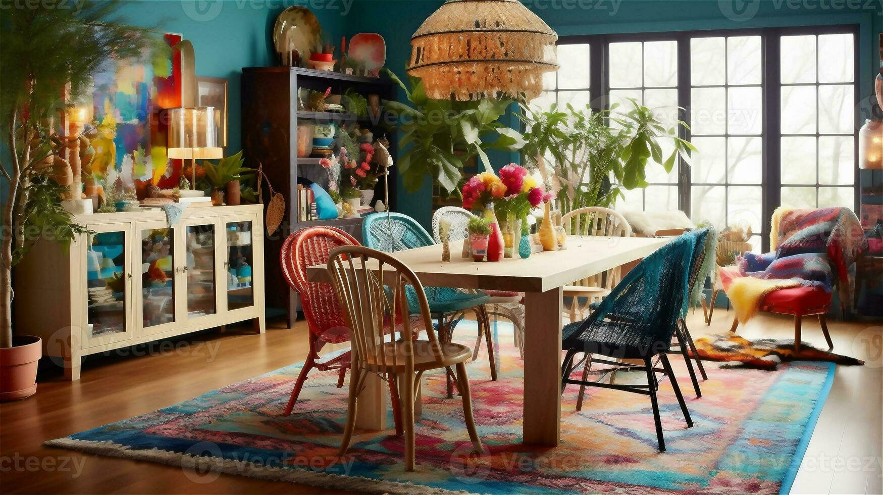 Generative AI, Boho-Chic Dining Room A Colorful and Eclectic Space photo