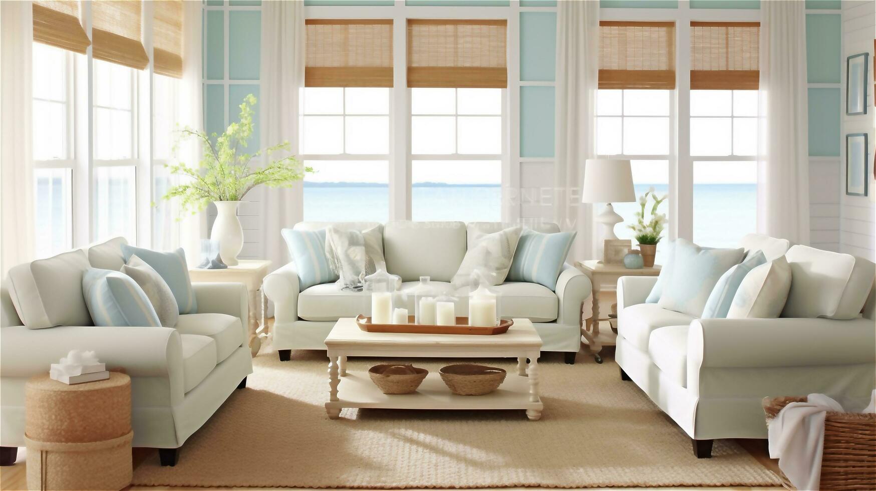 Generative AI, Seaside Serenity Coastal Living Room Design photo