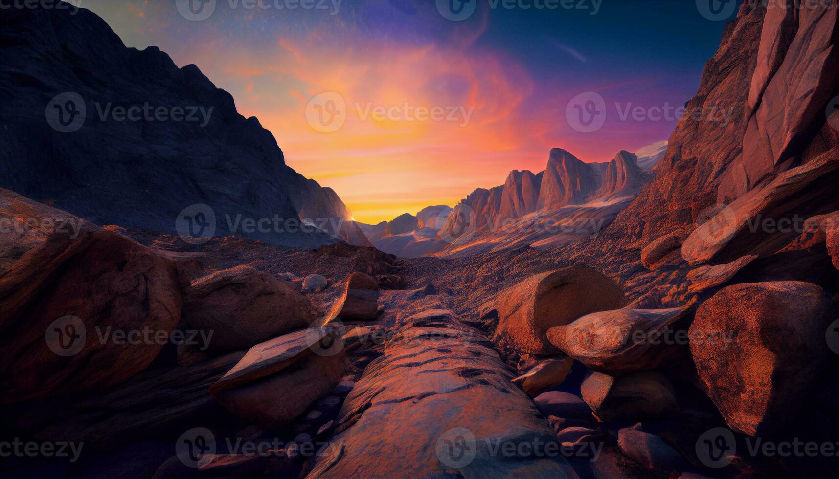 Generative AI, Layers of Light A Vibrant Mountain Range at Sunset photo