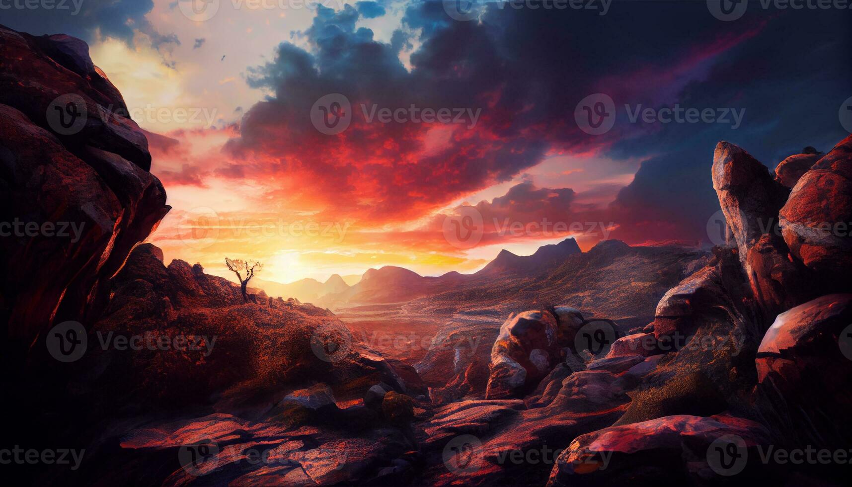 Generative AI, Layers of Light A Vibrant Mountain Range at Sunset photo