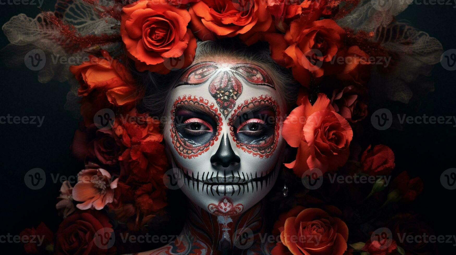 Elegance in Sugar Skull Makeup and Floral Adornments, AI Generative photo