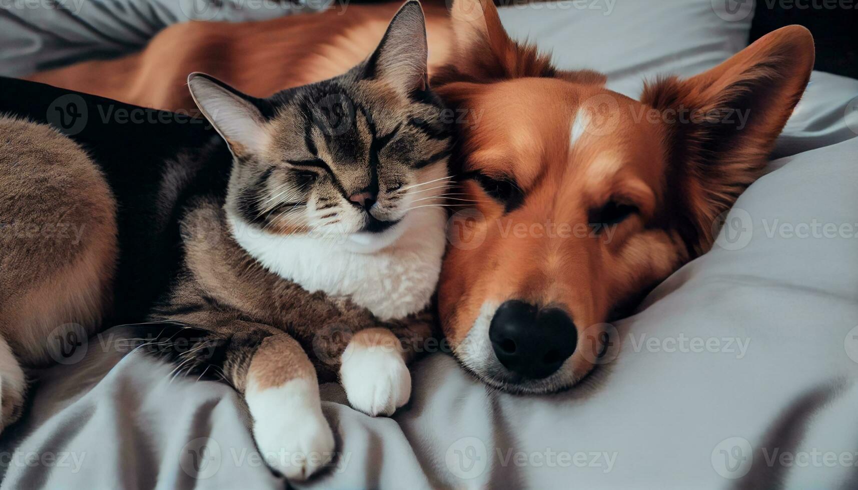 Generative AI, Furry Best Friends A Cat and Dog Cuddle Up on a Cozy Bed photo