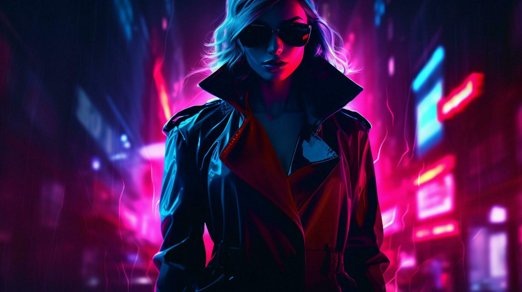 Enigmatic Elegance Neon Noir Femme Fatale, AI Generative photo
