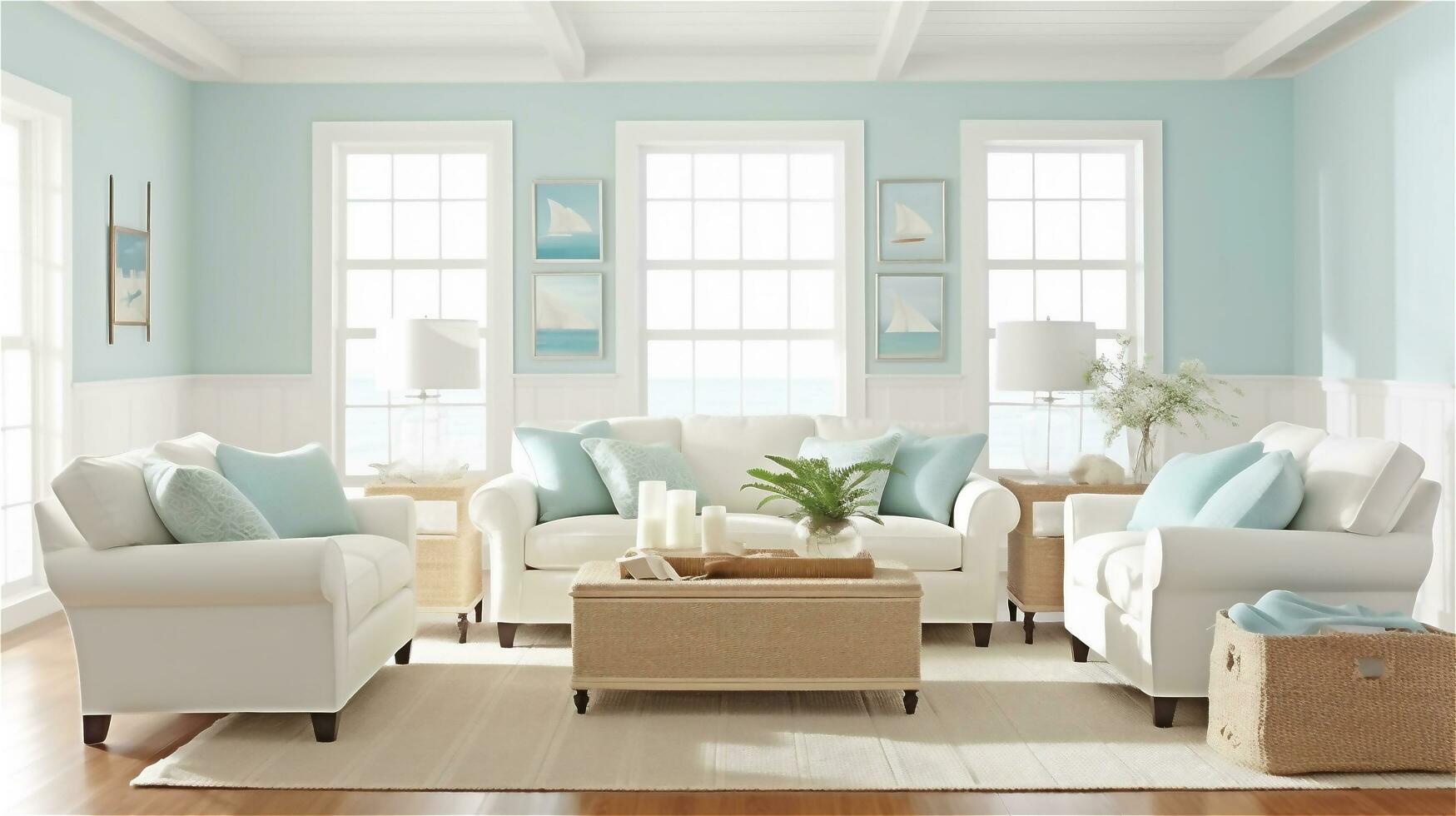 Generative AI, Seaside Serenity Coastal Living Room Design photo