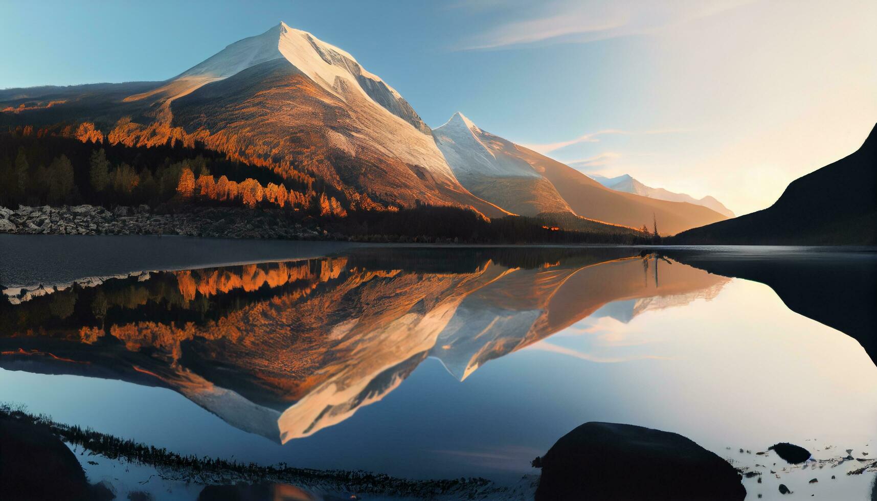 Generative AI, Reflections at Sunset A Mountain Lake Mirage photo