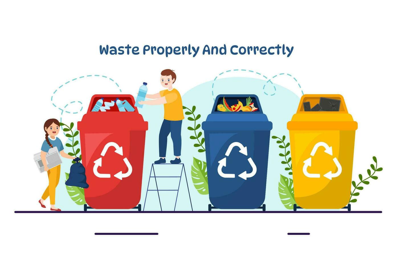 Waste Properly And Correctly Vector Illustration with Demonstration of Correct Garbage Sorting