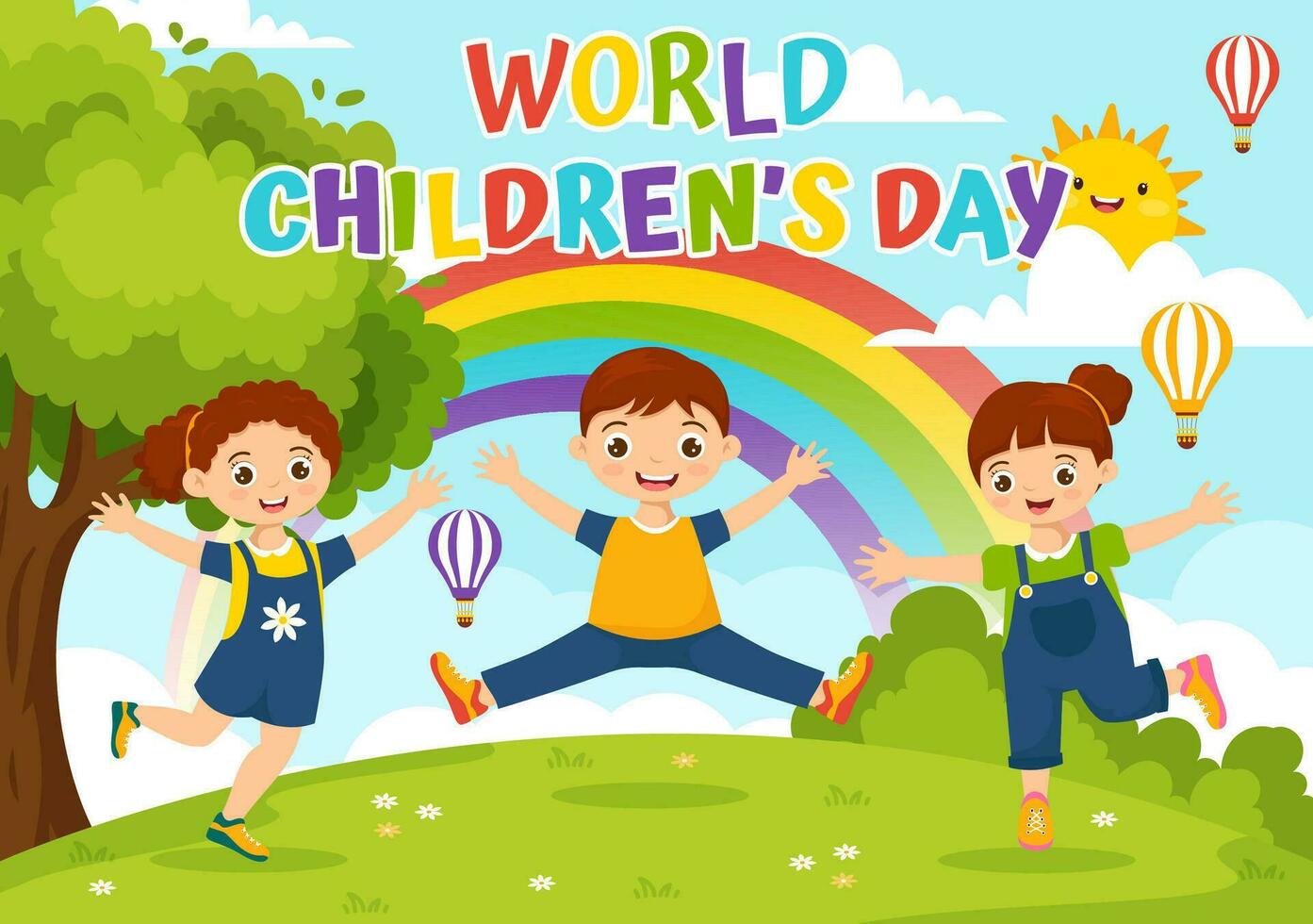 World Children's Day Vector Illustration on 20 November with Kids and Rainbow in Children Celebration Cartoon Bright Sky Blue Background Design