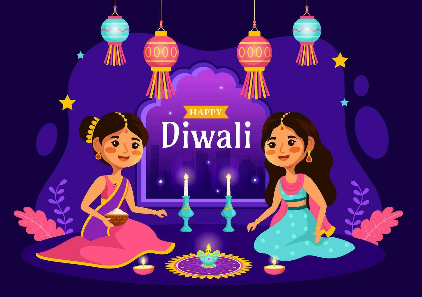 Happy Diwali Hindu Vector Illustration with Indian Rangoli and Fireworks Background for Light Festival of India in Flat Kids Cartoon Design