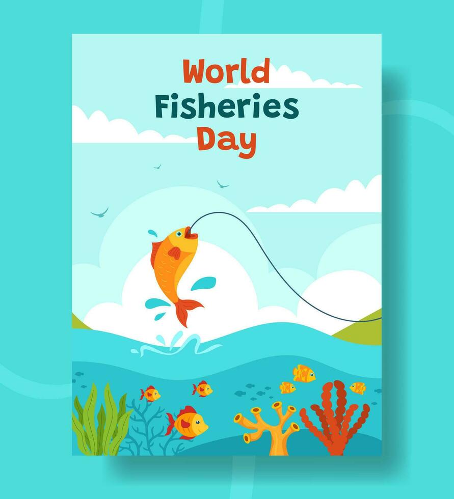 Fisheries Day Vertical Poster Illustration Flat Cartoon Hand Drawn Templates Background vector