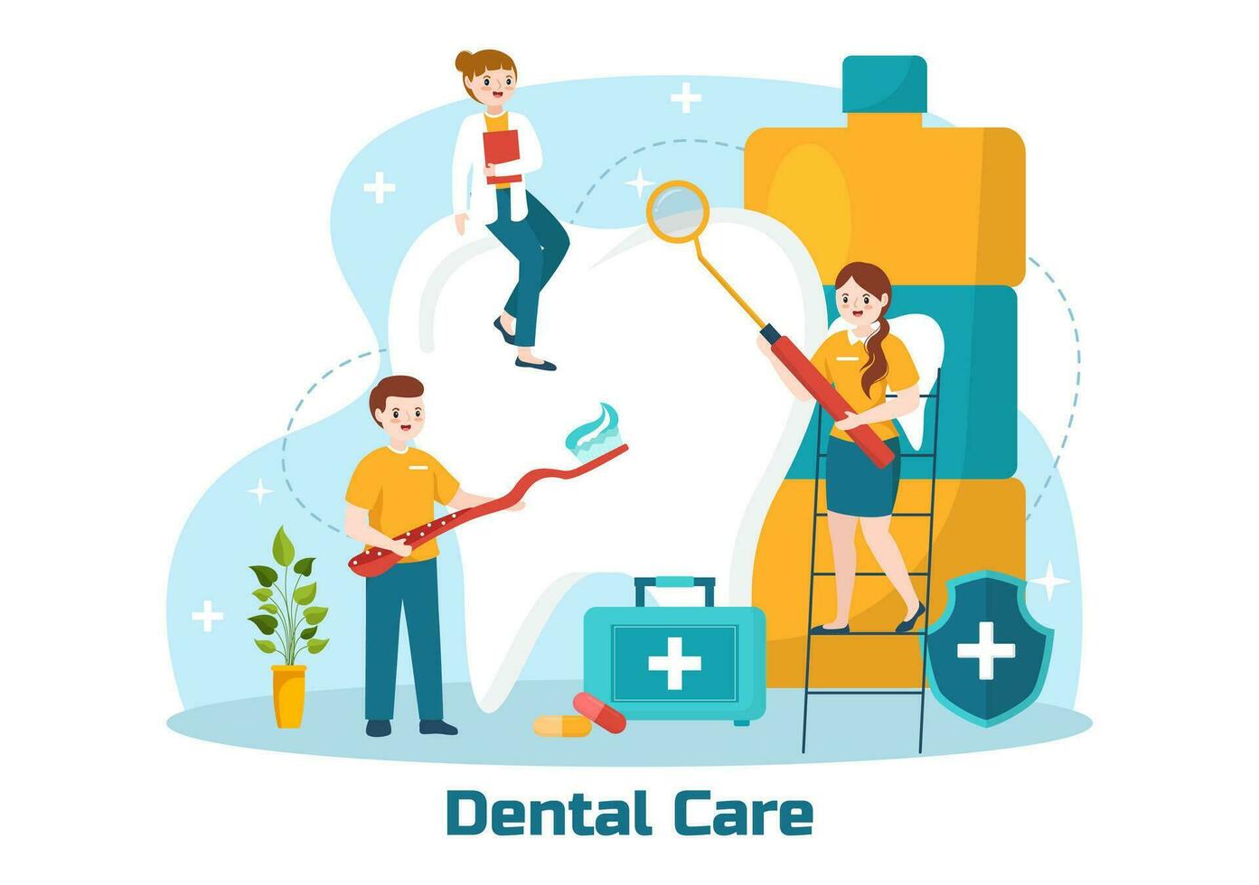 Dental Care Vector Illustration with Dentist Treating Human Teeth and Cleaning Using Medical Equipment in Healthcare Flat Cartoon Background Design